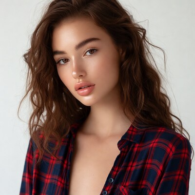Woman in plaid shirt close-up