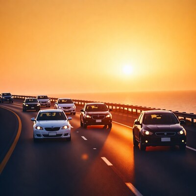 Cars on bridge at sunset