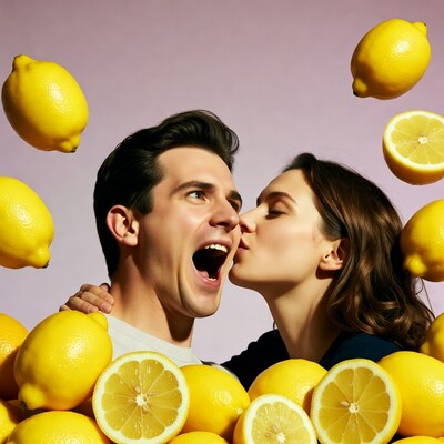 Couple kissing surrounded by lemons