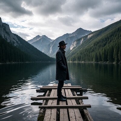 Man in hat on dock with mountains
