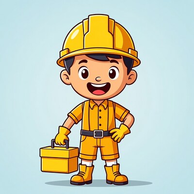 Cartoon boy construction worker with toolbox