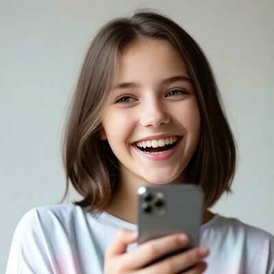 Girl smiling holding iPhone selfie
