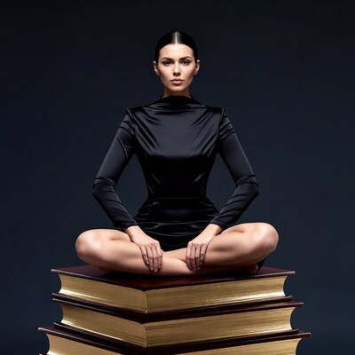 Woman sitting on stack of books