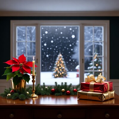 Christmas table with poinsettia snowy window