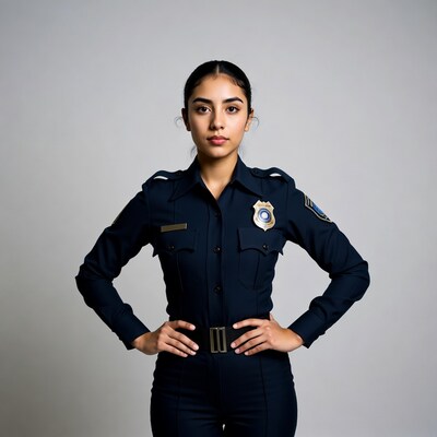 Latina policewoman standing with hands on hips
