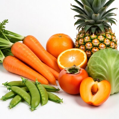 Fresh vegetables and fruits on white background