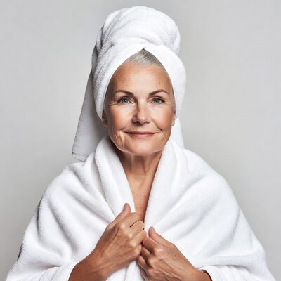 Elderly woman in white towel turban