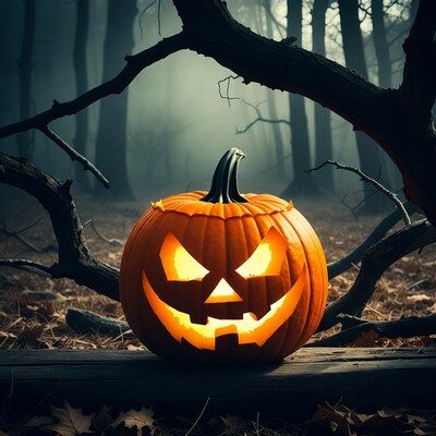 Jack-o-lantern in foggy forest