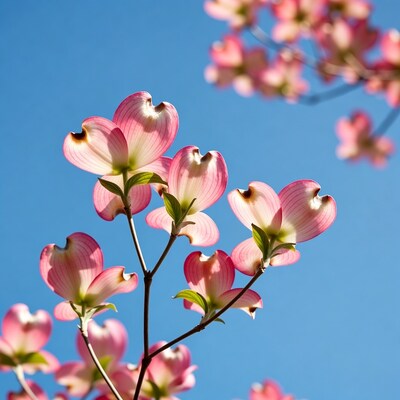 Pink Dogwood Flowers Against Blue Sky