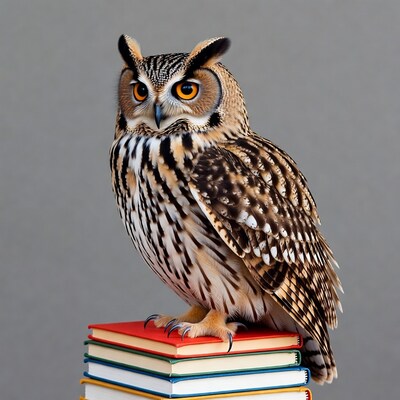 Owl perched on stack of books