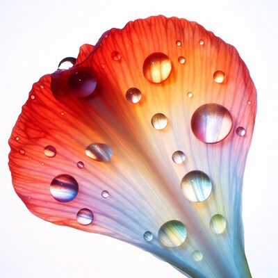 Red petal with colorful water droplets