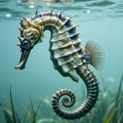 Seahorse swimming underwater with seagrass