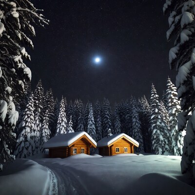 Two Wooden Cabins in Snowy Forest Under Moon