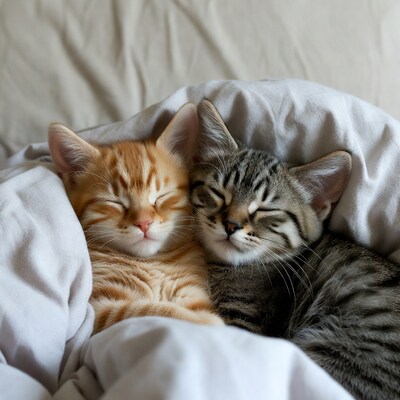 Two kittens sleeping under blanket