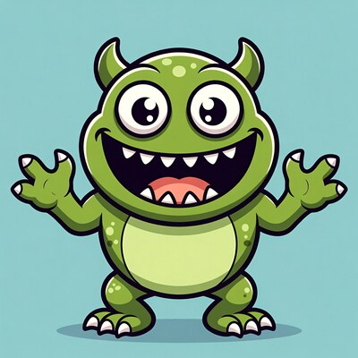 Cartoon green monster waving happily