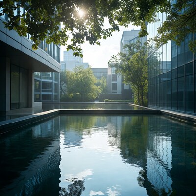 Modern Pool with Trees and Glass Buildings