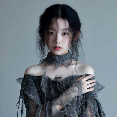 Asian woman in lace off-shoulder dress