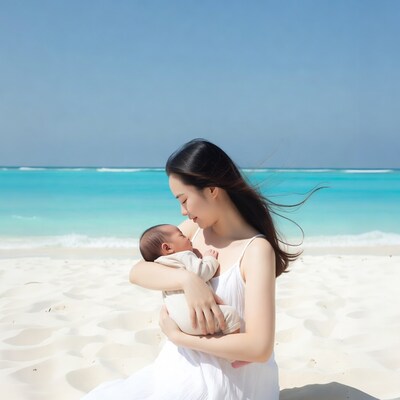 Asian mother holding newborn on beach