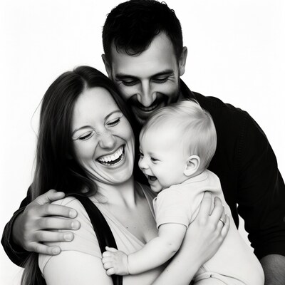 Family hugging baby laughing together