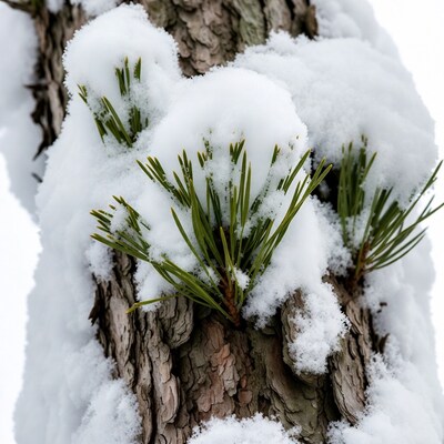 Snowy Pine Needles on Tree Bark