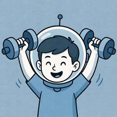 Boy astronaut lifting dumbbells