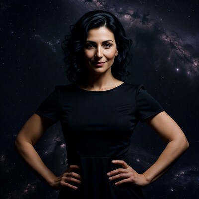 Woman in black dress with galaxy background