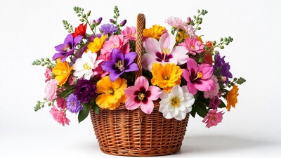Colorful Flowers in Wicker Basket