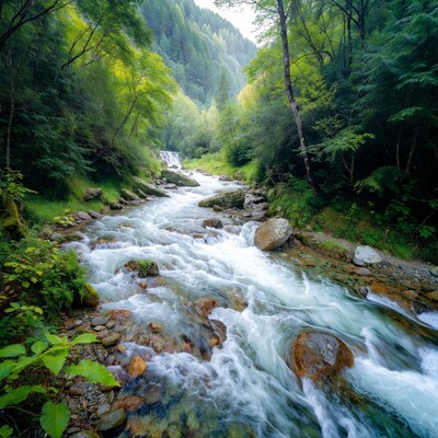 Mountain River Flowing Through Forest