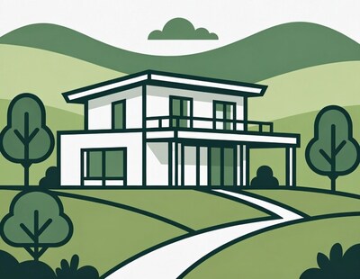 Modern white house in green hills
