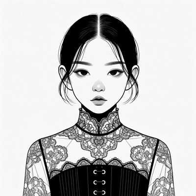 Asian woman in lace Victorian dress illustration