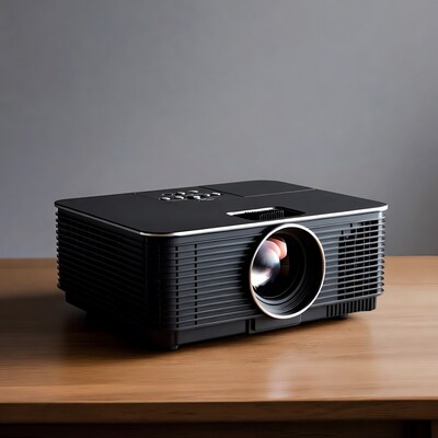 Black projector on wooden table