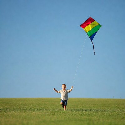 Boy flying colorful kite in grass field