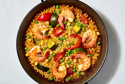 Shrimp Paella with Vegetables in Pan