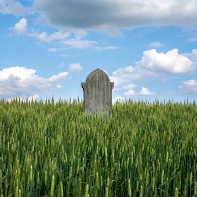 Gravestone in wheat field