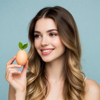 Woman holding egg with mint leaf