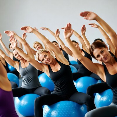 Women exercising on blue exercise balls