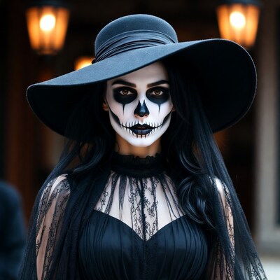 Woman in sugar skull makeup with hat
