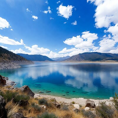 Turquoise Reservoir Surrounded by Mountains