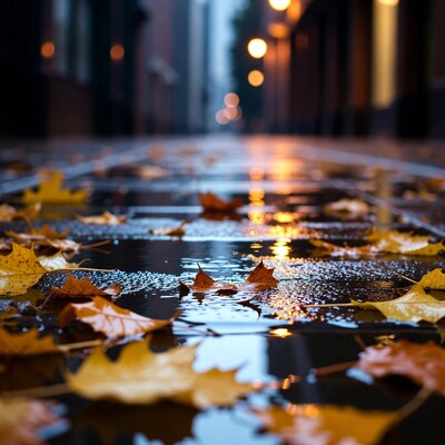 Wet Street with Fallen Autumn Leaves
