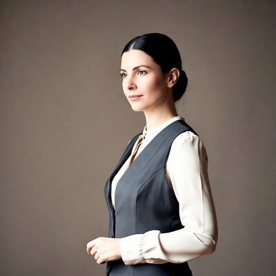 Woman in gray vest profile view