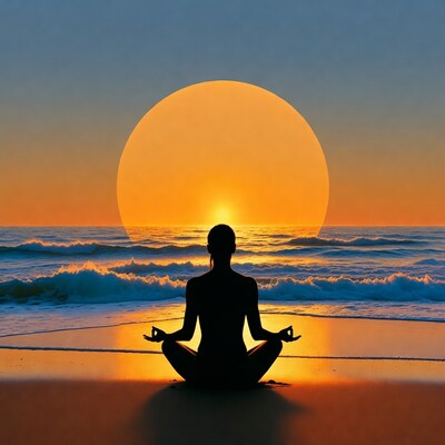 Woman in lotus pose at sunset beach