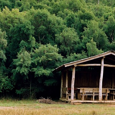 Wooden pavilion in lush green forest
