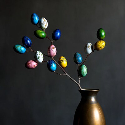 Colorful Painted Easter Eggs on Branch