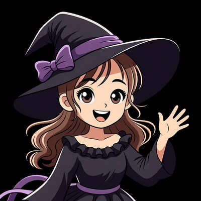 Anime witch girl waving hello