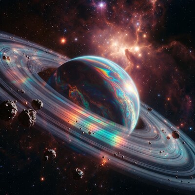 Colorful Ringed Planet in Nebula