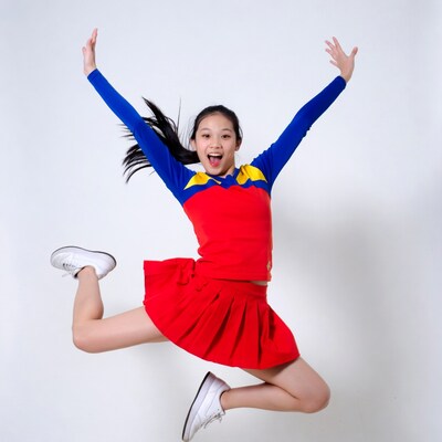 Asian girl jumping in cheerleader uniform