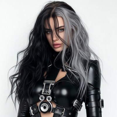 Woman in black leather cyberpunk outfit