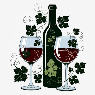 Wine Bottle and Glasses with Vines