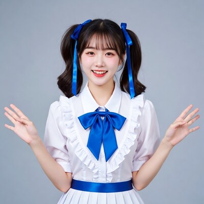 Asian girl in blue bow pigtails smiling