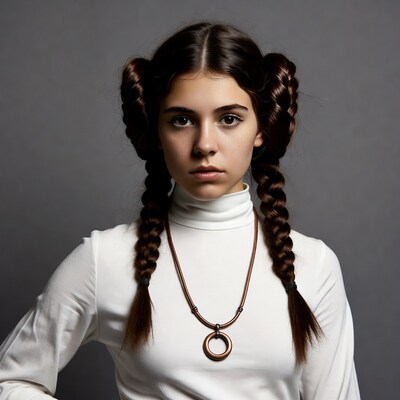 Girl with braided buns and necklace